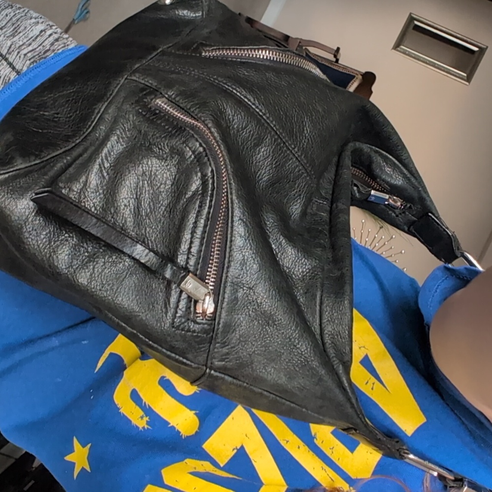 b. makowsky Black Leather Zipper Bag with Silver Hardware